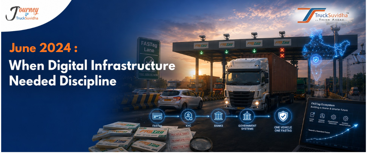 Indian truck passing through a FASTag toll plaza with ANPR, KYC, banking and government system connectivity representing One Vehicle One FASTag.