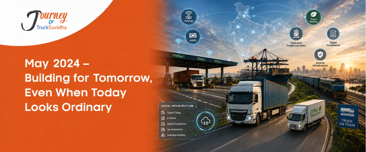TruckSuvidha May 2024 journey showing Indian logistics transformation, FASTag, ANPR, digital infrastructure, freight corridors and green mobility