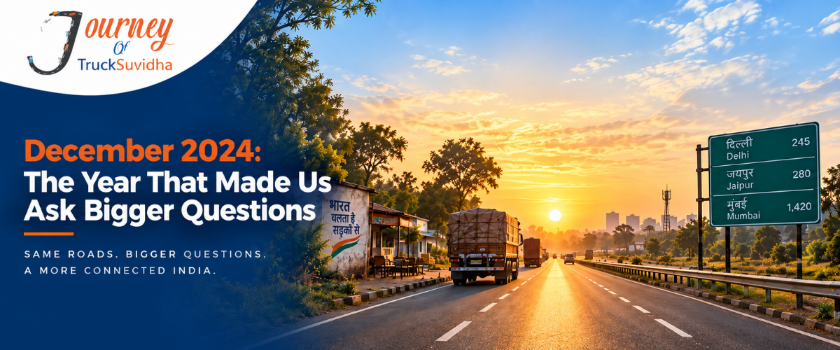 TruckSuvidha December 2024 journey banner showing an Indian highway, trucks, roadside landscape and connected transportation vision