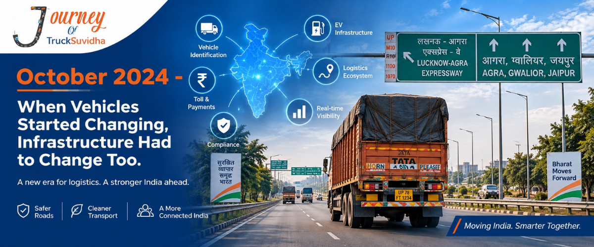 TruckSuvidha October 2024 journey banner showing an Indian Tata truck on the Lucknow-Agra Expressway with a connected India map, vehicle identification, EV infrastructure, toll payments, compliance, logistics ecosystem and real-time visibility icons.